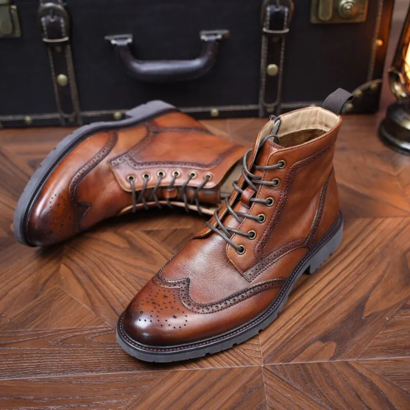 Ashore Shop 2023 British Trend Mens Boots Quality Real Cow Leather Handmade Fashion Brown Man Casual Brogues Shoes with Side Zipper