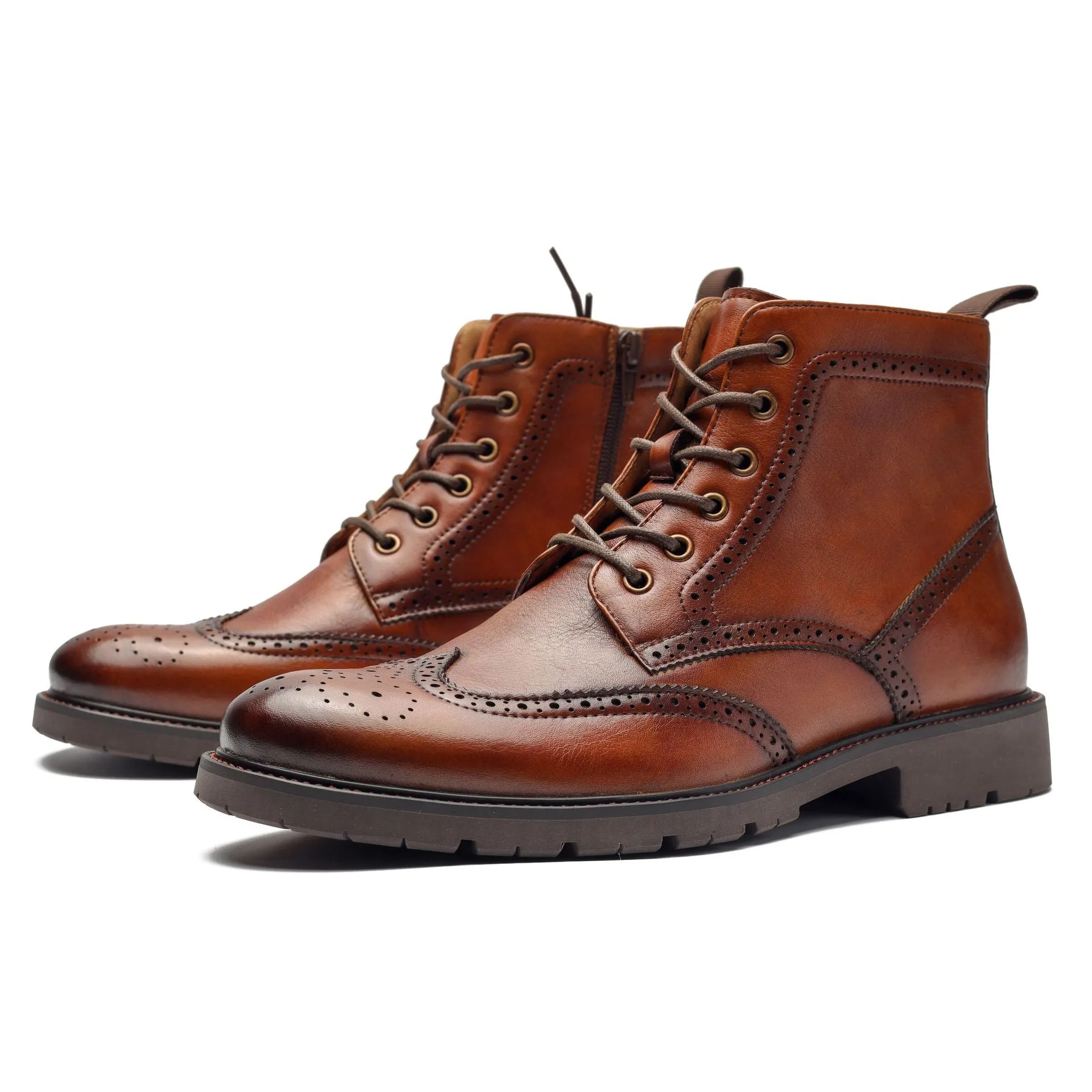 Ashore Shop 2023 British Trend Mens Boots Quality Real Cow Leather Handmade Fashion Brown Man Casual Brogues Shoes with Side Zipper