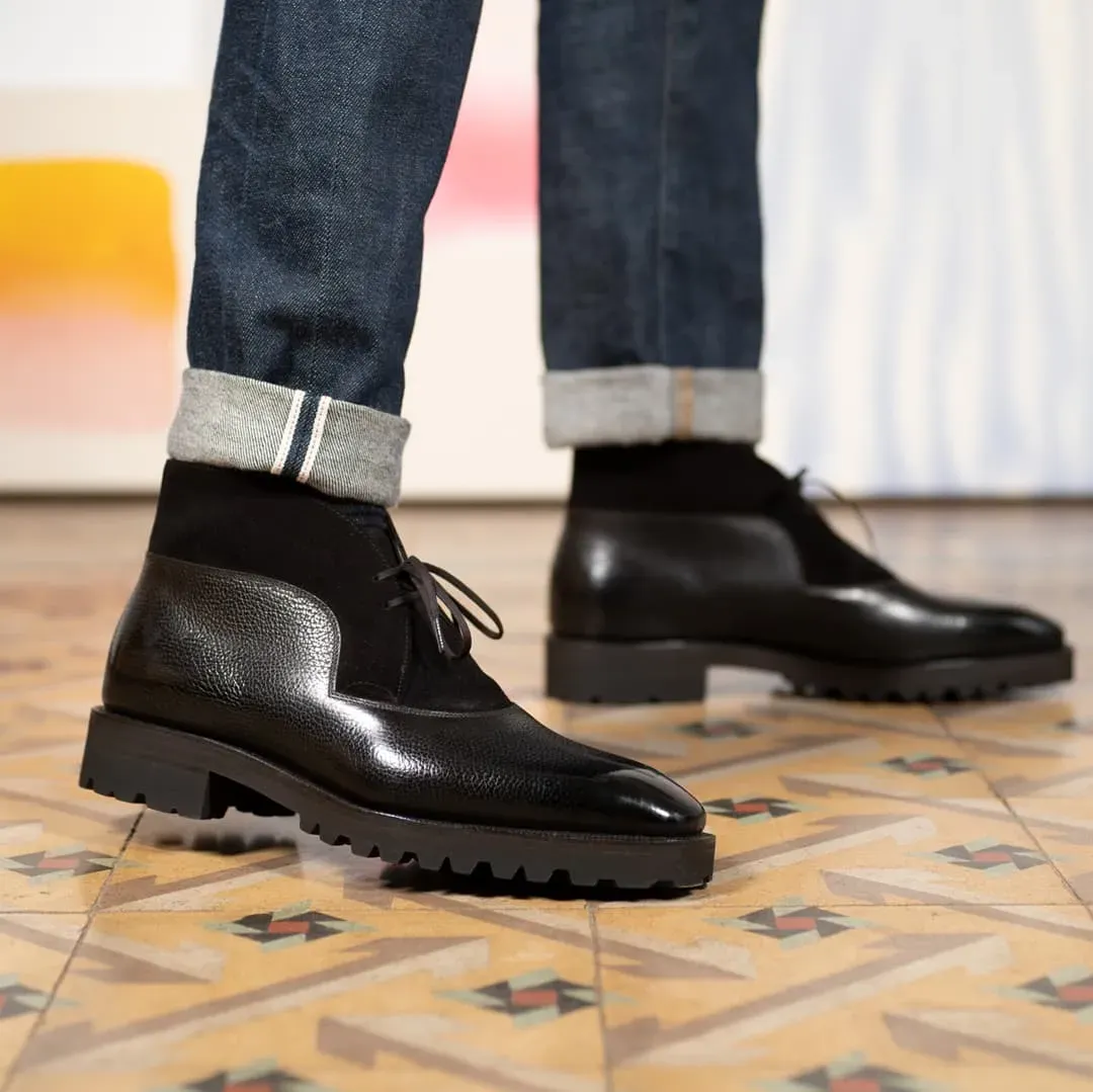Black Leather and Suede Vermient Chunky Hiking Combat Lace Up Boots - Hiking and Trekking Boots