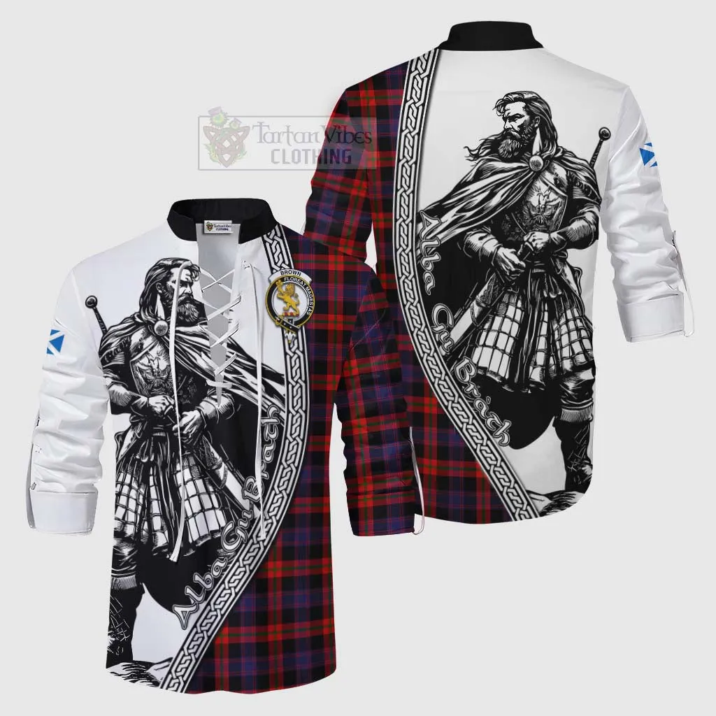 Brown (Broun) Tartan Clan Crest Ghillie Kilt Shirt with Highlander Warrior Celtic Style