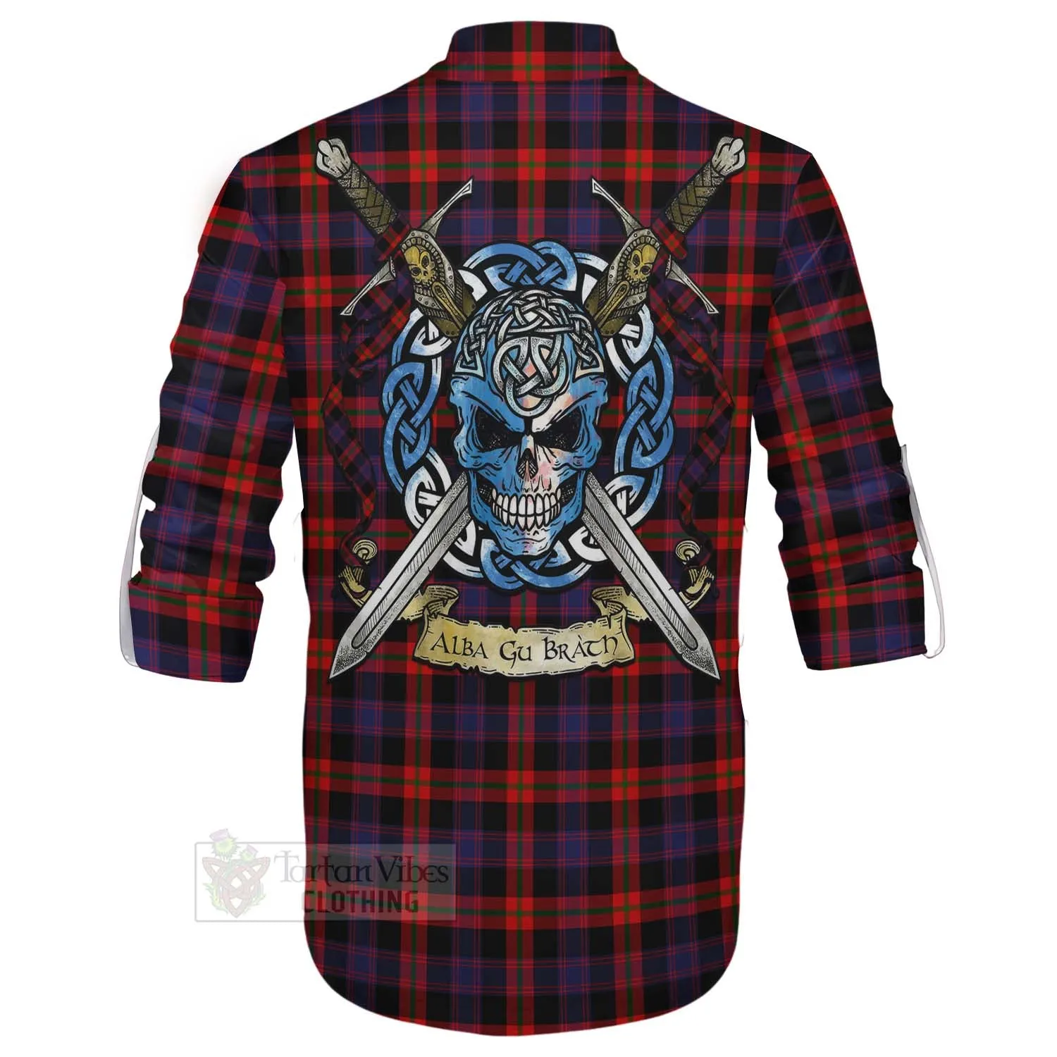 Brown (Broun) Tartan Ghillie Kilt Shirt with Family Crest Celtic Skull Style