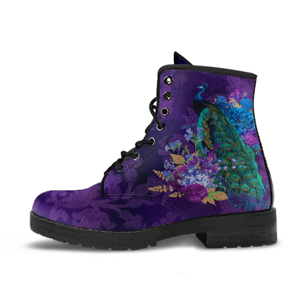 Combat Boots - Peacock #102 | Boho Shoes, Handmade Vegan Lace Up Boots, 2000s Boots, Aesthetic Shoes, Custom Shoes, Purple Boots for Women