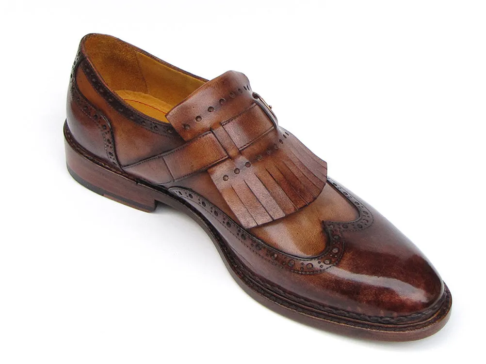 Paul Parkman Men's Wingtip Monkstrap Brogues Brown Hand-painted Leather Shoes (Id#060)