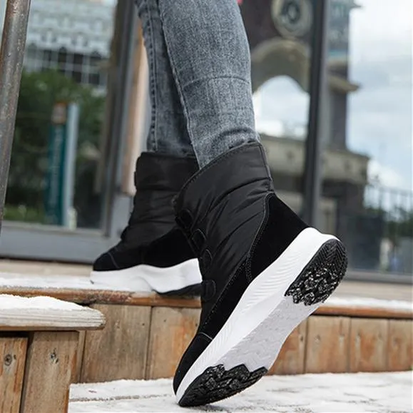 Thick plush lined front lace mid calf snow boots | high cut chunky platform outdoors hiking boots for female